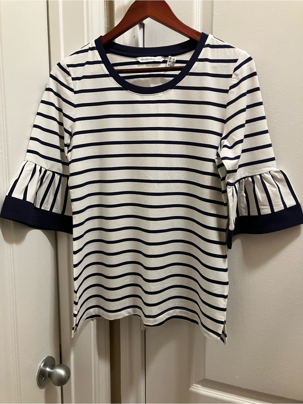 Isaac Mischi Navy and White Striped Ruffle Sleeve Top